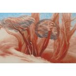 Gowing, sepia tone landscape with trees, signed pastel, 13" x 9½"
