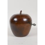 A Georgian style fruit wood tea caddy in the form of an apple, 4" high