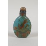A Peking glass snuff bottle with asiatic bird decoration, Chinese 4 character mark to base, 3" high