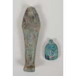 An Egyptian turquoise glazed faience horus shabti and a turquoise glazed pottery head bust token,