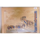 A Meiji period Japanese woodcut print depicting Dutch troops with a band, mounted with label,