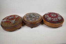 A Victorian walnut and tonbridgeware footstool with beadwork top, 11" diameter together with two