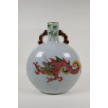 A Chinese crackle glazed porcelain two handled moon flask with red and green enamelled dragon