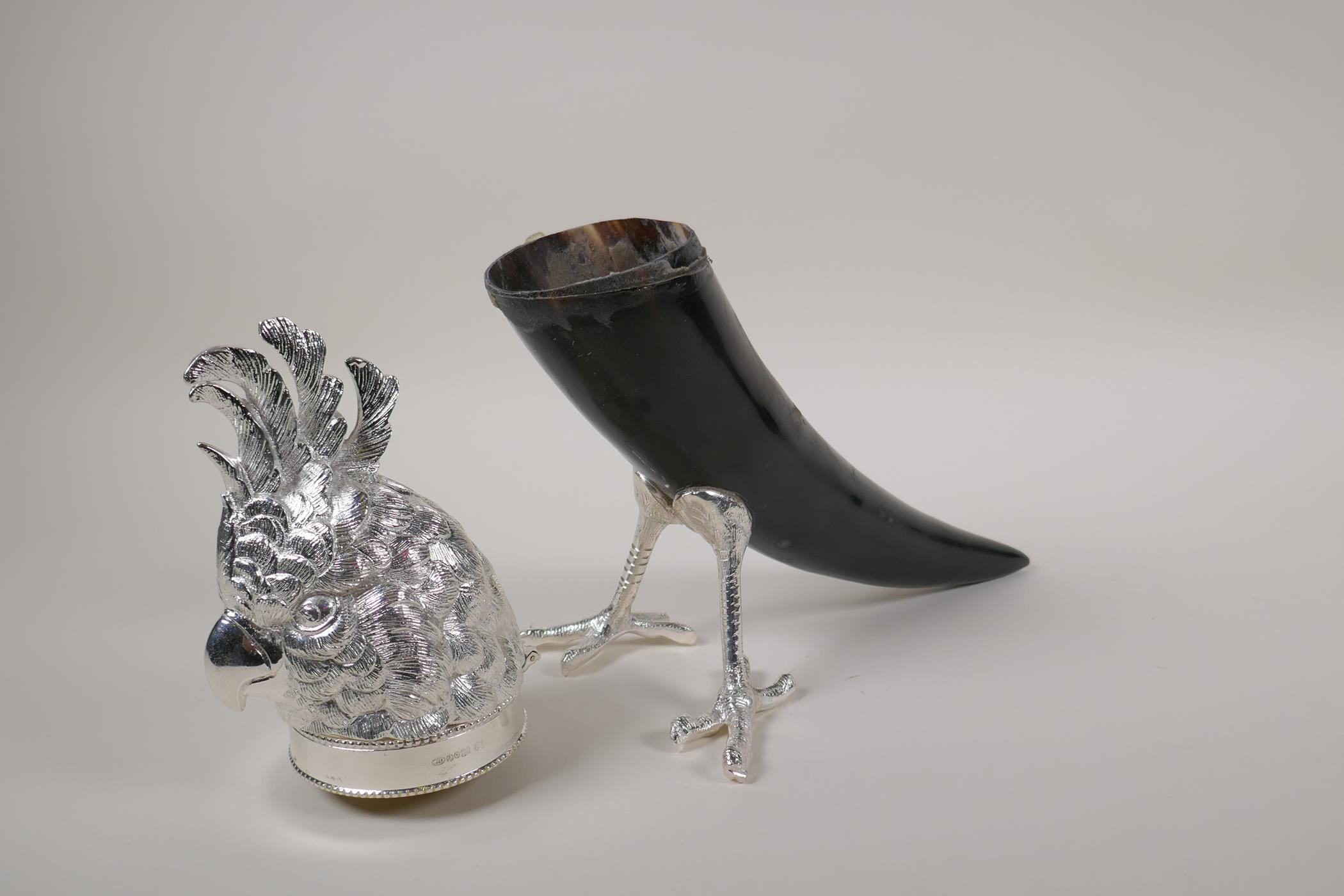 A silver plated mounted horn inkwell in the form of a cockatoo, AF mount loose, 11½" high - Image 5 of 5