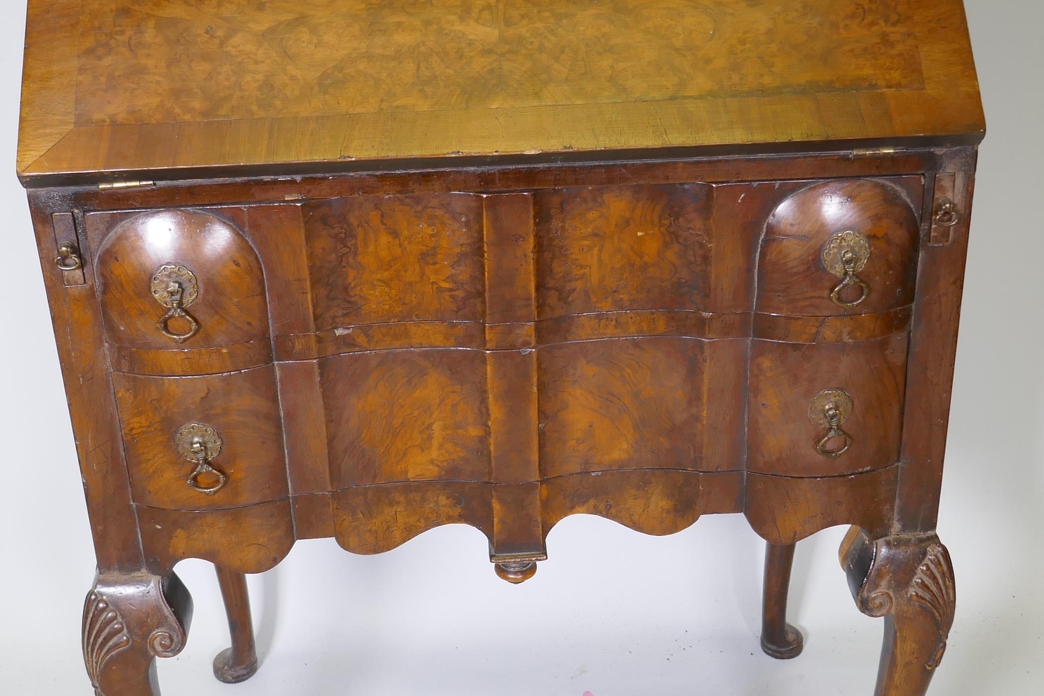 A Georgian style walnut fall front bureau bookcase, the upper section with dome top and fret - Image 3 of 6