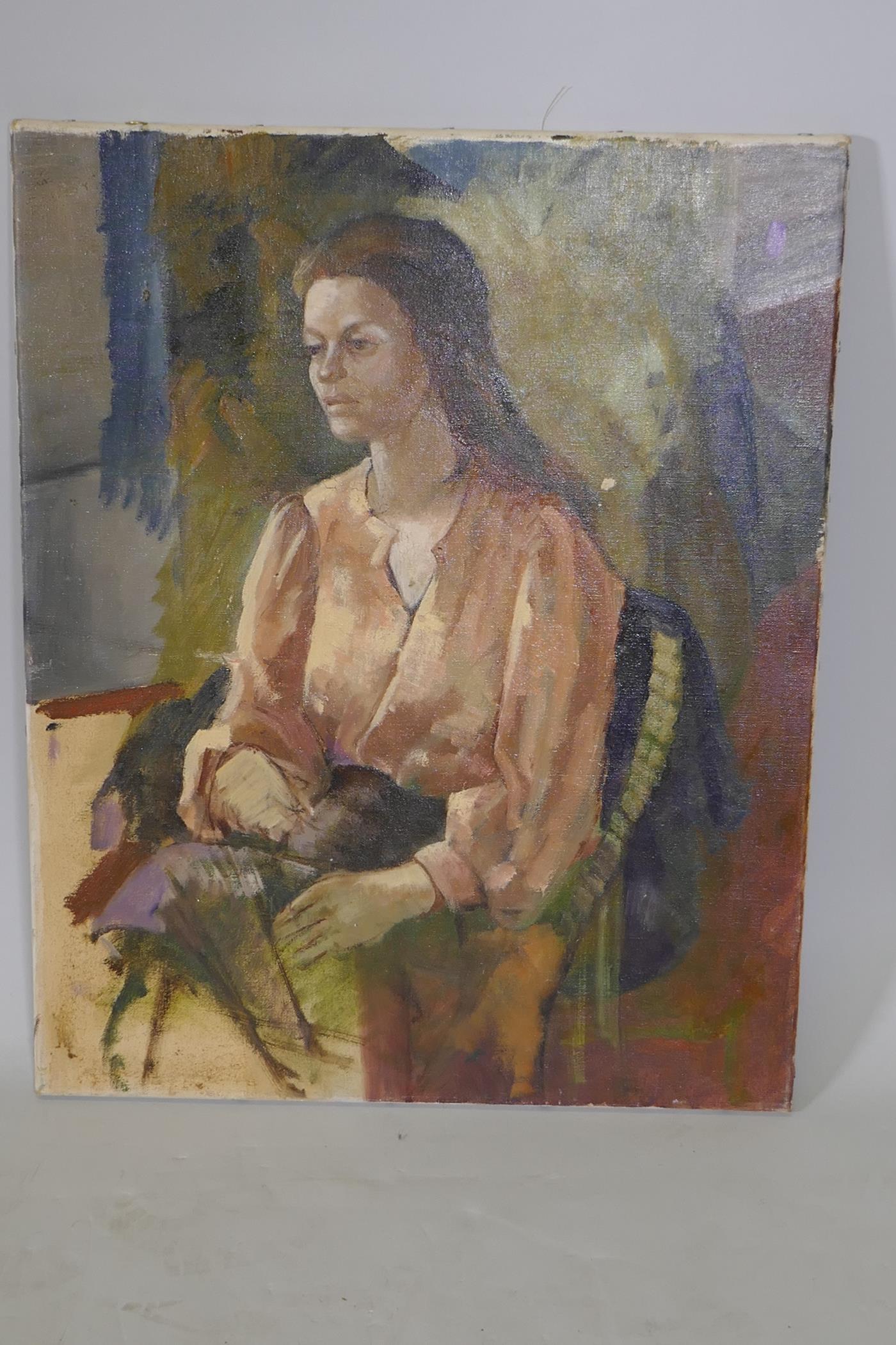 Study of a seated woman, unframed, oil on canvas, 16" x 20" - Image 3 of 4