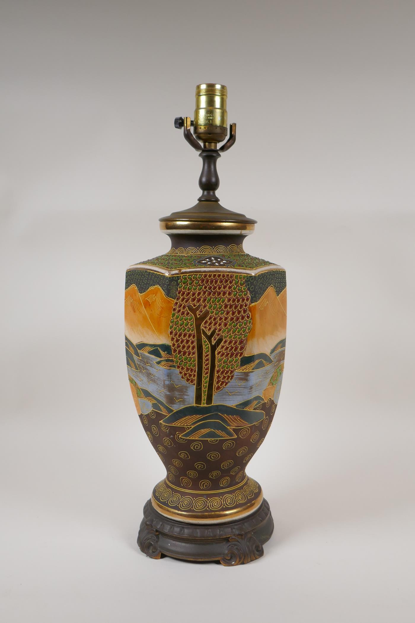 A Japanese Satsuma pottery lamp with figural decoration and bronzed metal mounts, 18½" high - Image 7 of 8