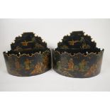 A pair of toleware wall planters with Japanned decoration of figures and birds, 11" wide
