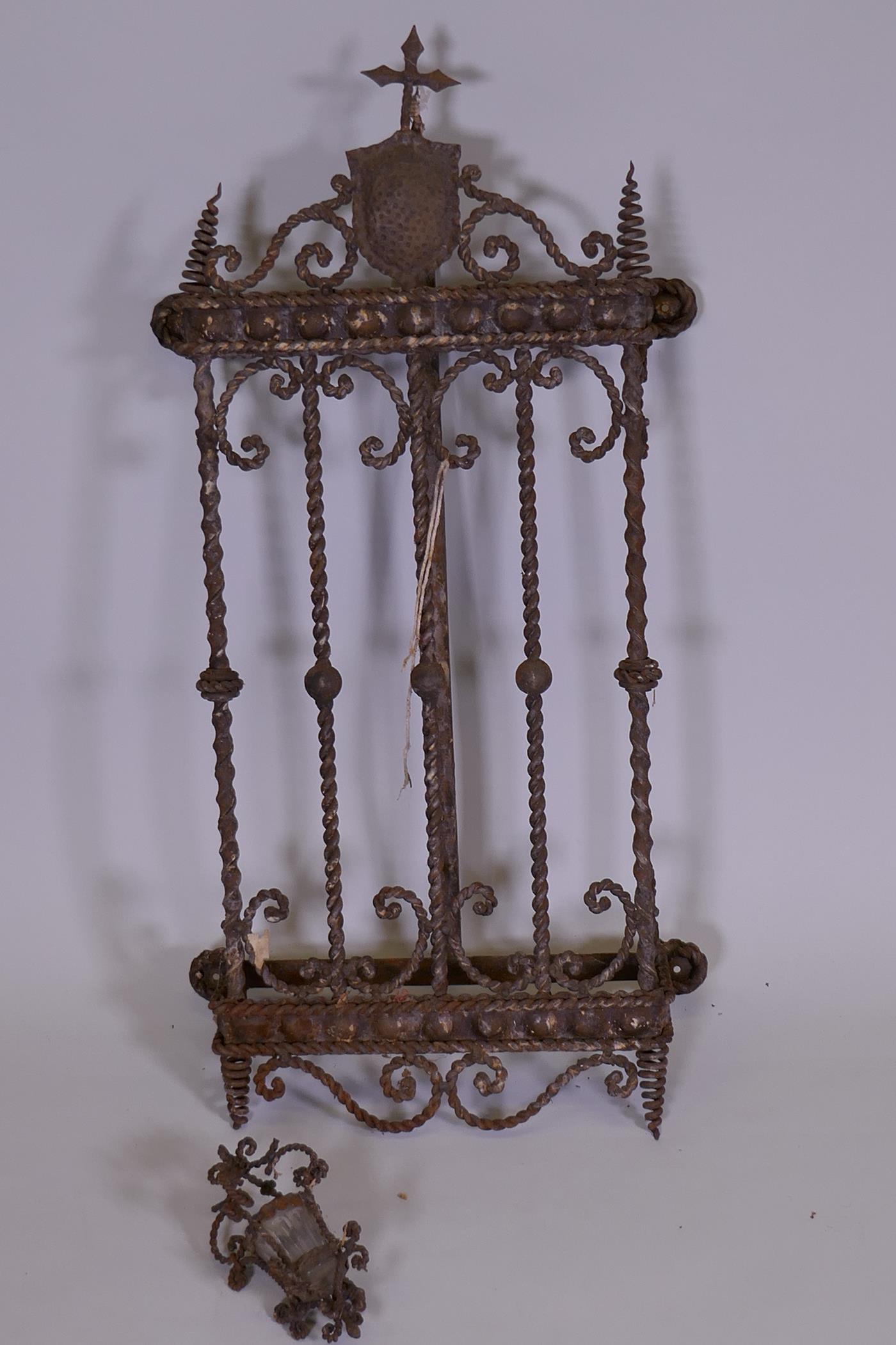 A vintage wall mounted wrought metal garden bracket, with night light holder, 34" x 15" x 6" - Image 2 of 3