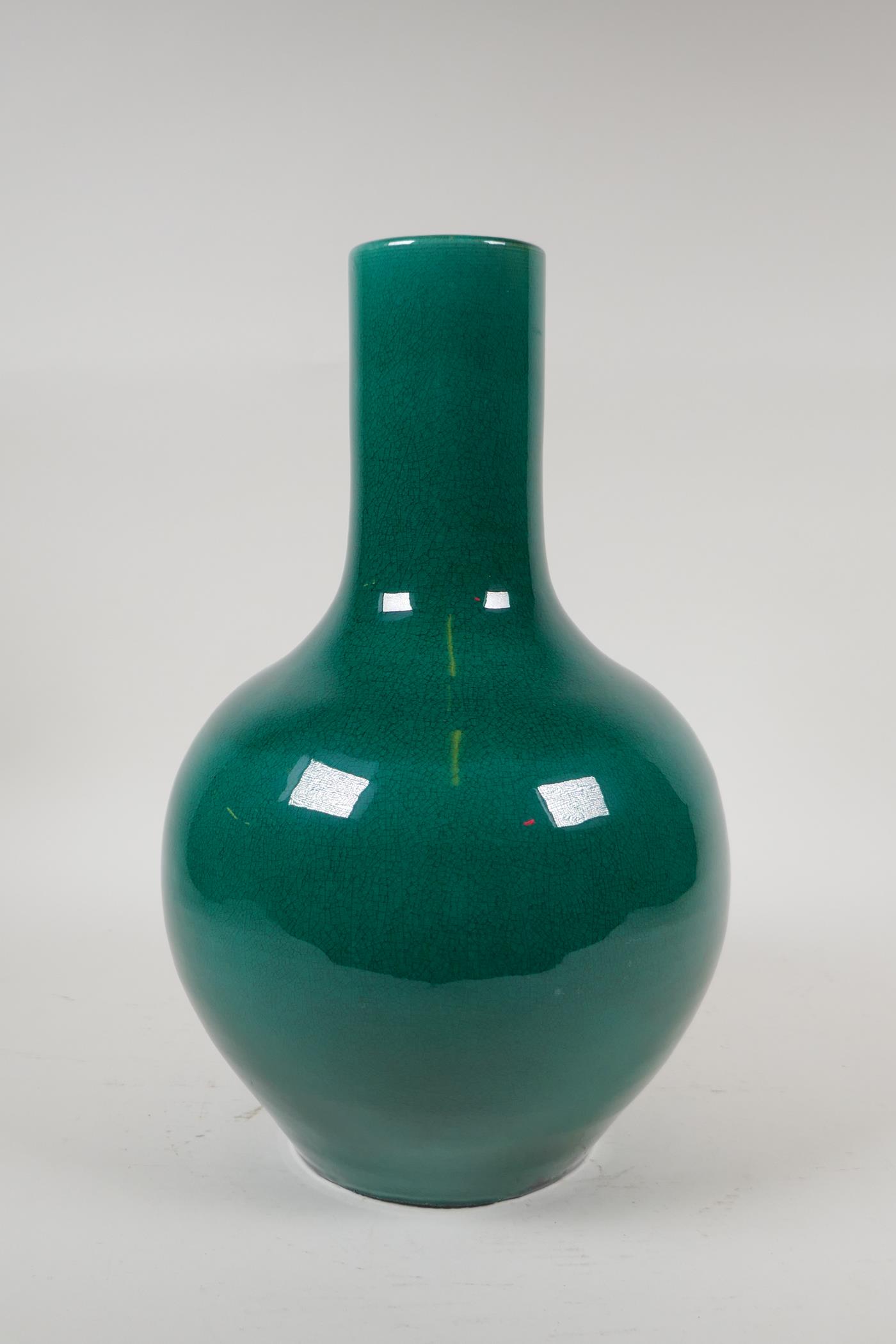 A Chinese emerald green crackle glazed porcelain bottle vase, 13" high - Image 5 of 8