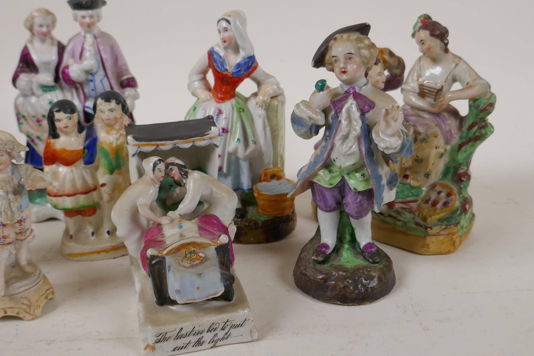 Eleven C19th continental porcelain figurines including groups and a fairing, largest 5½" - Image 5 of 6