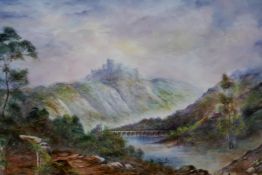 A Hereford fine china limited edition hand painted plaque depicting a distant castle above a river