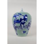 A Chinese celadon glazed porcelain jar and cover with blue and white decoration of women and