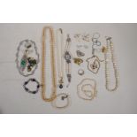 A quantity of assorted costume jewellery including pearl necklaces, earrings, rings etc, many silver