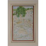 Landscape with figure and animals, red and gold painted border, antique Indo/Persian painting, 9"