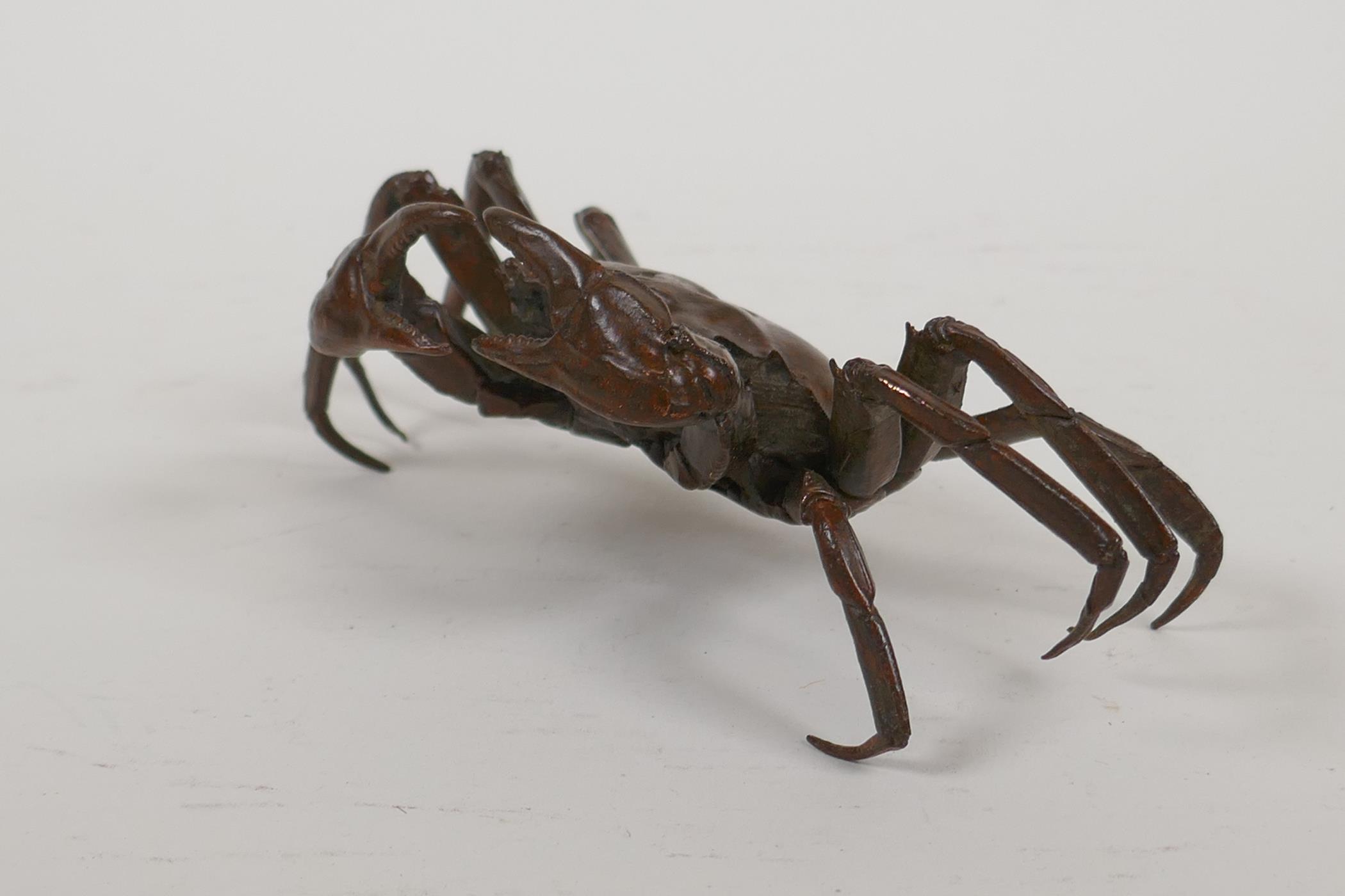 A Japanese bronze okimono of a crab, impressed seal mark to base, 6" wide - Image 3 of 12