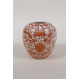 A red and white porcelain jar decorated with bats, lotus flowers and auspicious symbols, Chinese