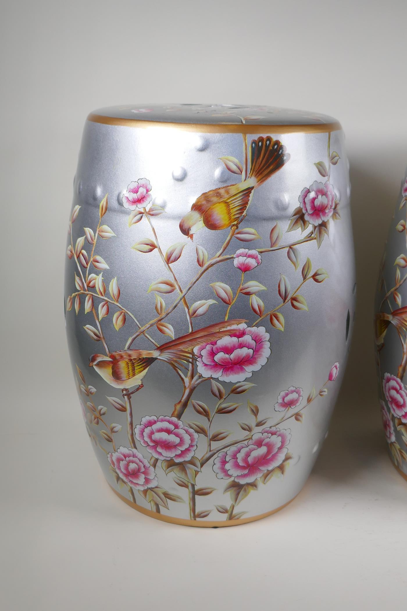 A pair of oriental porcelain barrel seats decorated with flowers, 18" high - Image 3 of 12