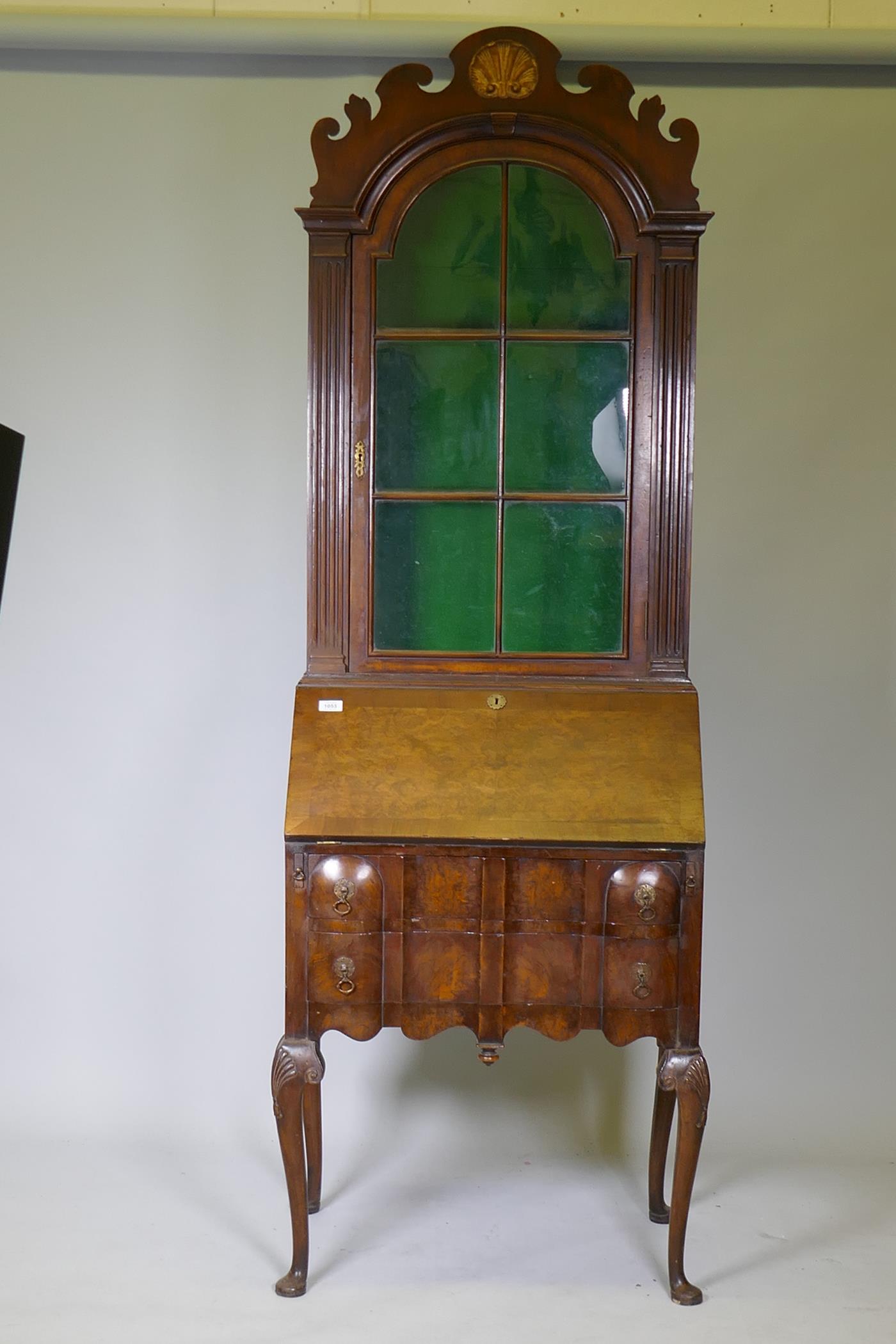 A Georgian style walnut fall front bureau bookcase, the upper section with dome top and fret - Image 2 of 6