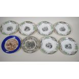 A set of six French porcelain teaplates, 8", transfer printed with C18th scenes, another decorated
