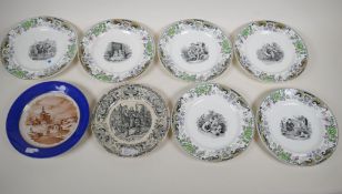 A set of six French porcelain teaplates, 8", transfer printed with C18th scenes, another decorated