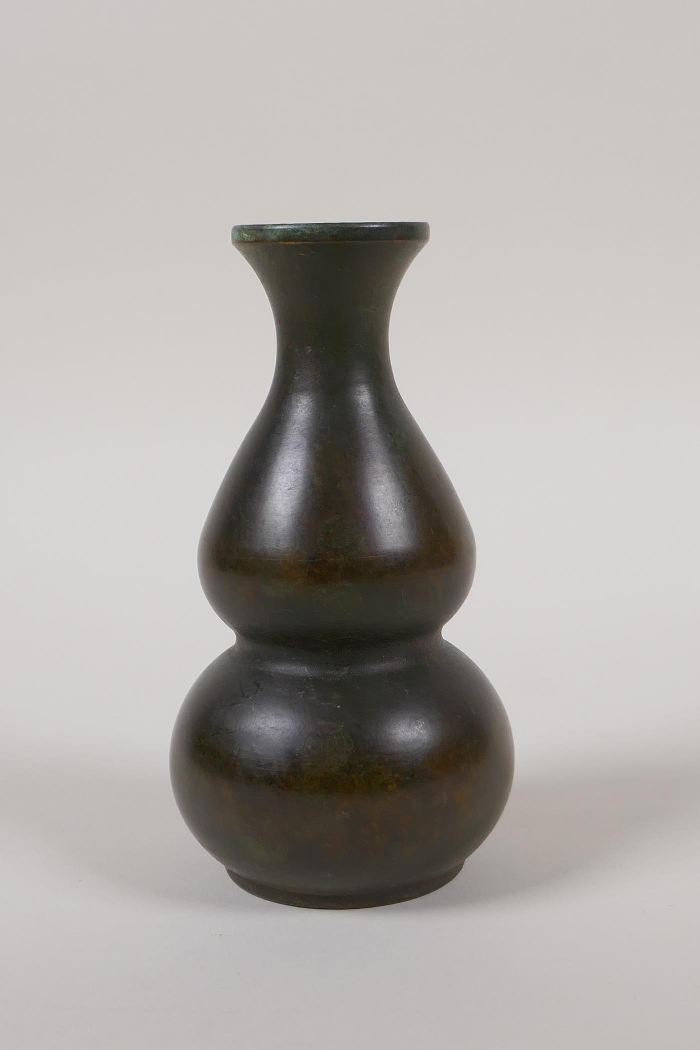 A Chinese bronze double gourd vase, impressed Yin Yang symbol to base, 5" high - Image 3 of 14