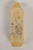 A square section bone snuff bottle etched with a fisherman and Chinese script, 3" long