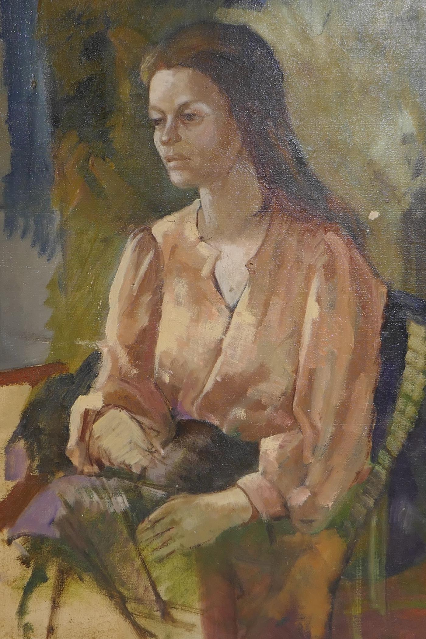 Study of a seated woman, unframed, oil on canvas, 16" x 20" - Image 2 of 4