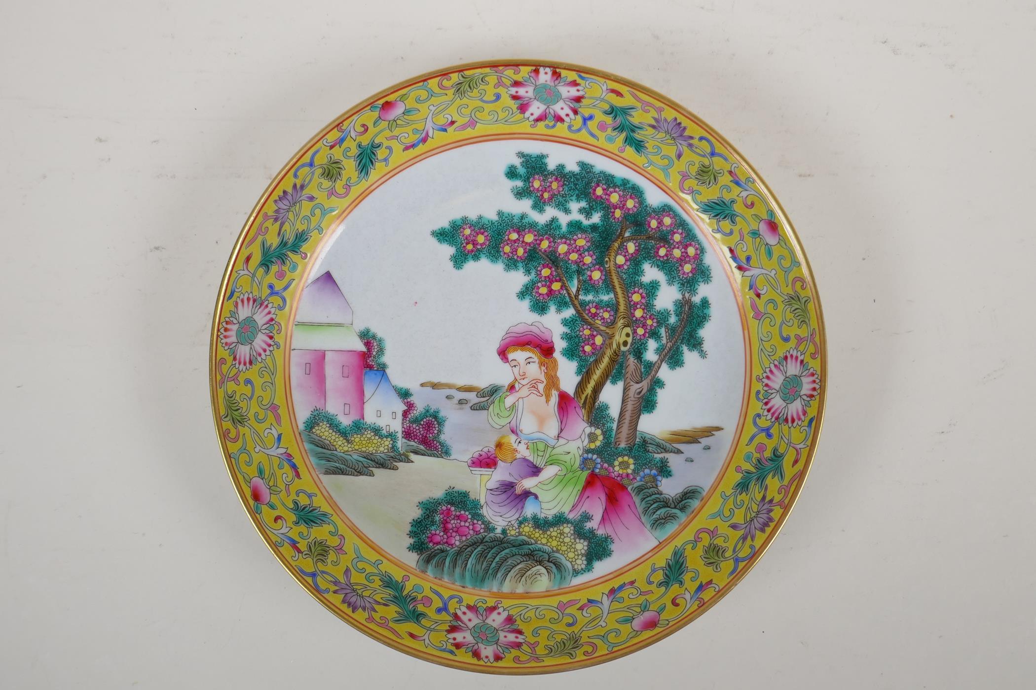 A Chinese polychrome porcelain dish decorated with a western lady and her baby, 4 character mark - Image 2 of 10