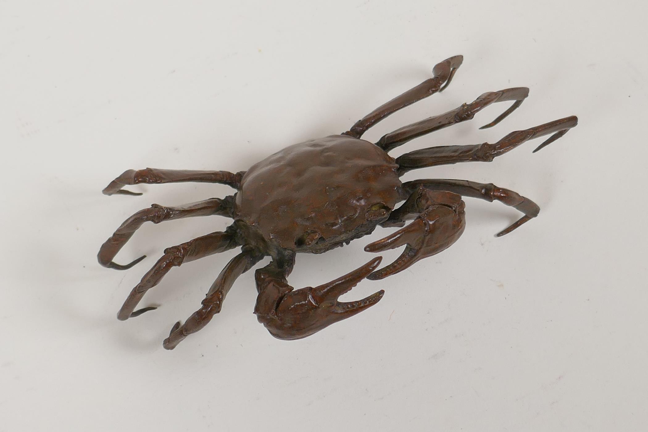 A Japanese bronze okimono of a crab, impressed seal mark to base, 6" wide - Image 2 of 12