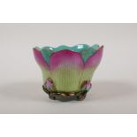 A polychrome porcelain rice bowl in the form of a lotus flower, Chinese Qianlong seal mark to