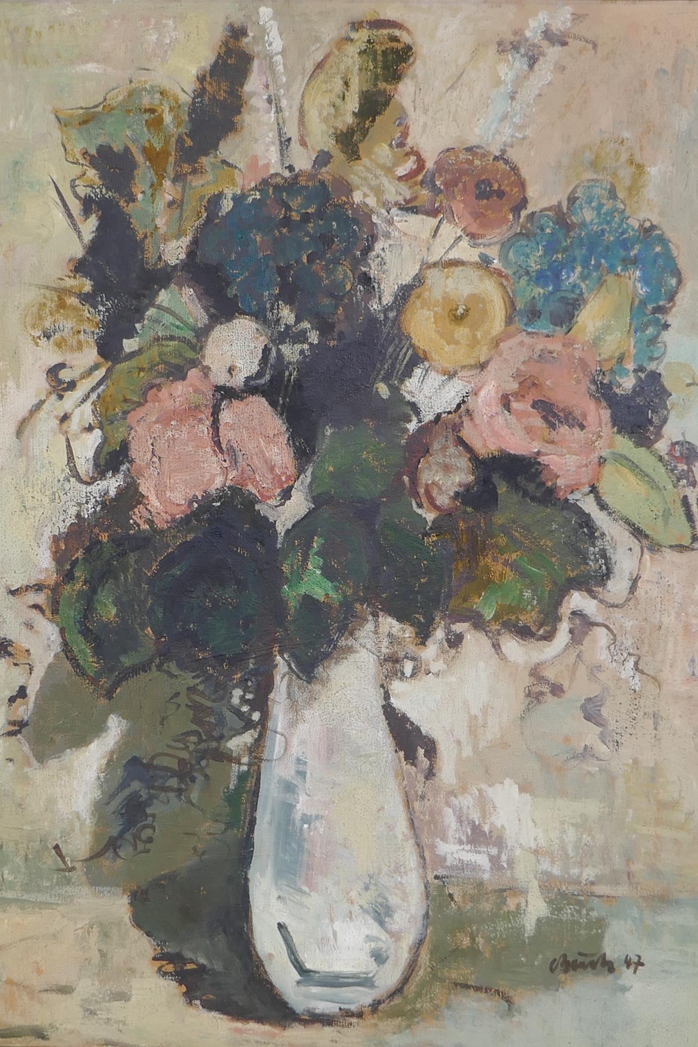 Carl Busch, still life, vase of flowers, signed and dated '47, oil on canvas,23" x 28.5"