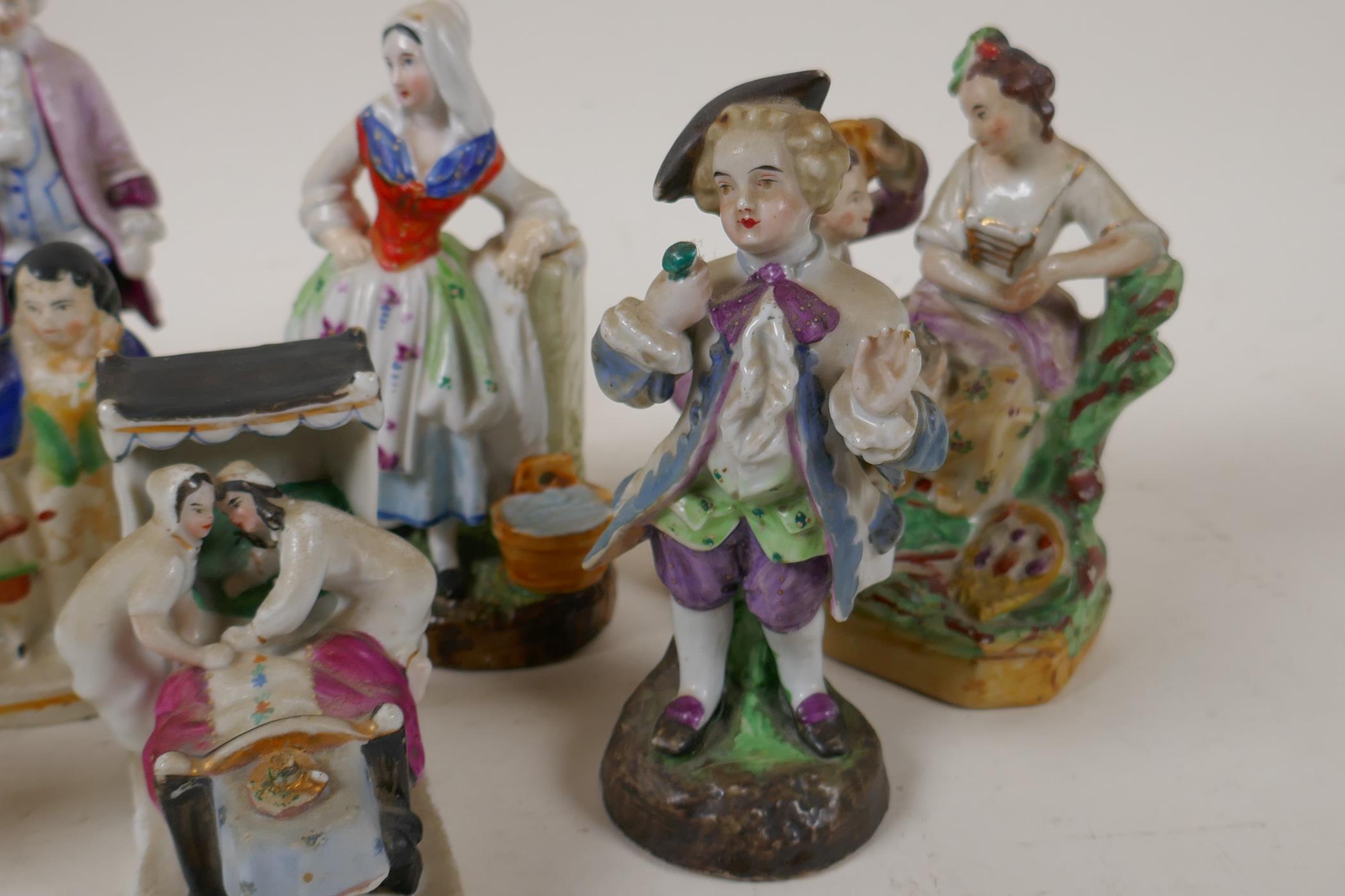 Eleven C19th continental porcelain figurines including groups and a fairing, largest 5½" - Image 2 of 6