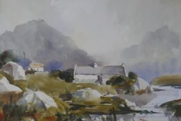 John Houston, dwellings by a loch, signed watercolour, 12" x 19½"