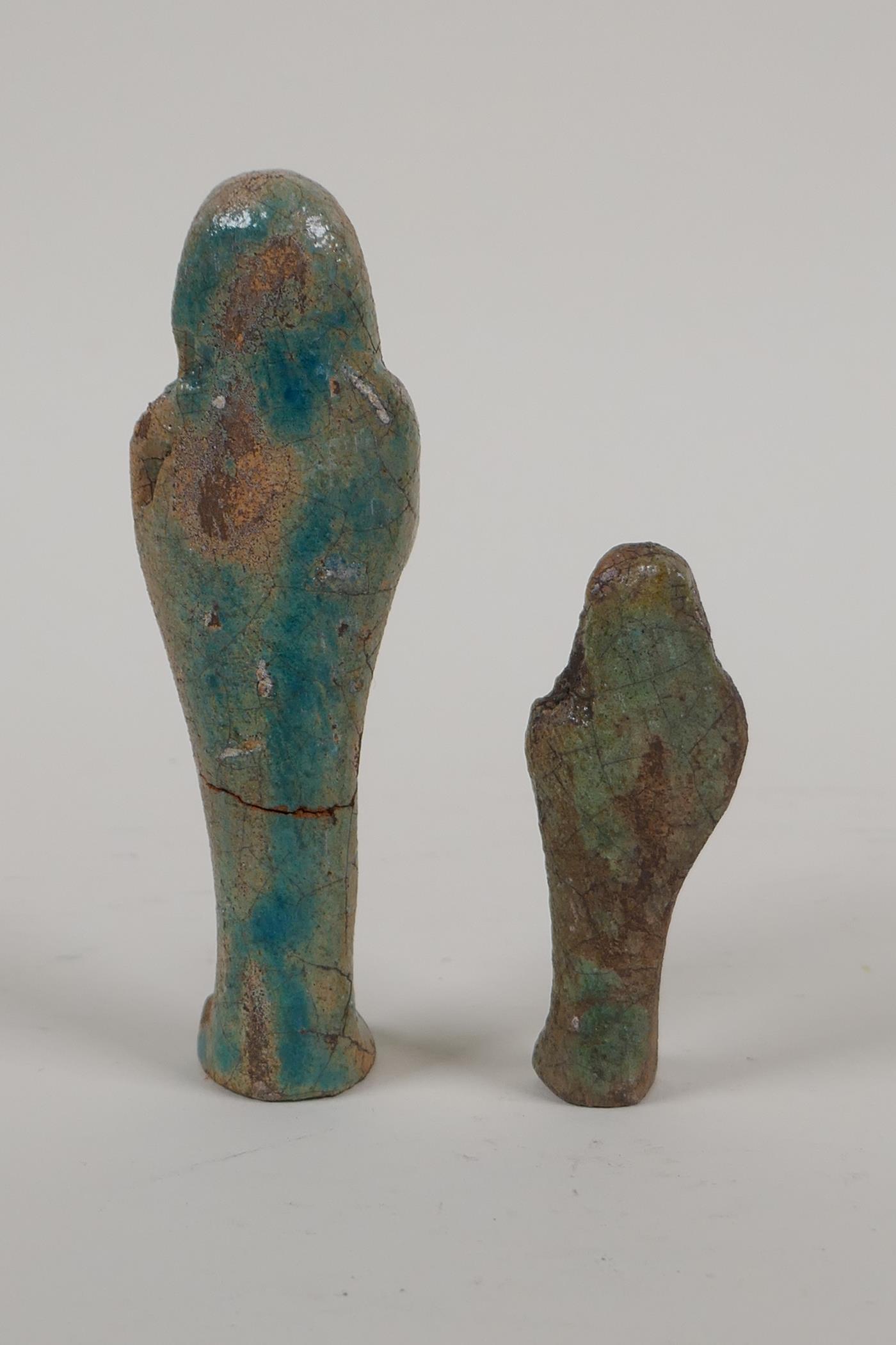 An Egyptian turquoise glazed faience shabti and another smaller, largest 4", AF repair - Image 5 of 10