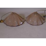 A pair of fan shaped glass ceiling lamp shades, 19" x 10"