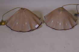 A pair of fan shaped glass ceiling lamp shades, 19" x 10"