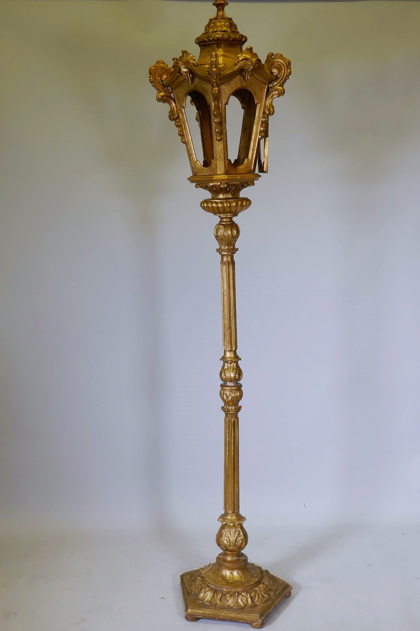 Italian giltwood floor lamp in the form of a lantern, mid C20th, 77" high