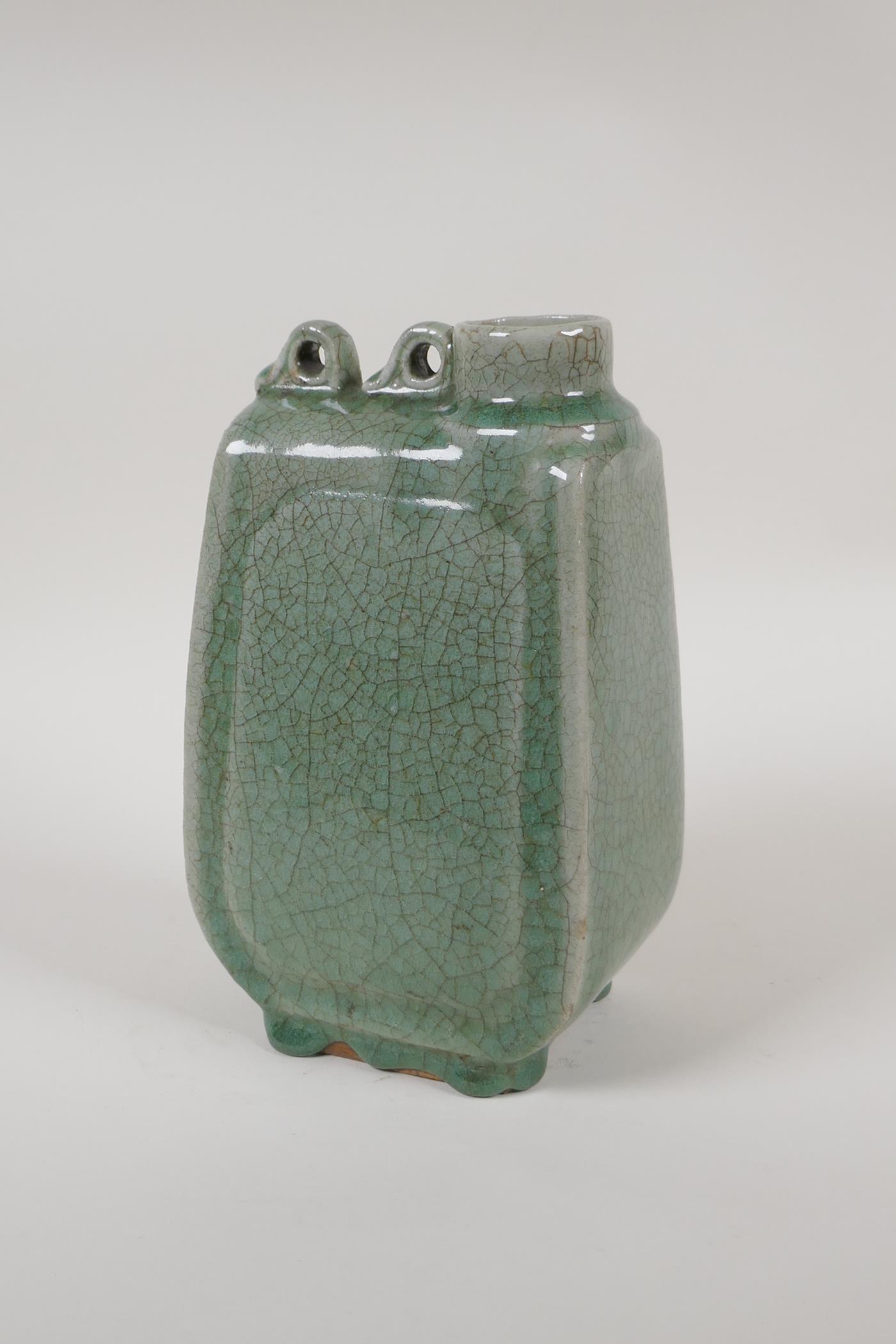 A Chinese celadon crackle glazed porcelain flask, 9" high - Image 2 of 3