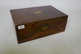 A Victorian walnut workbox with fitted interior and lift out tray, 16" x 11" x 6"