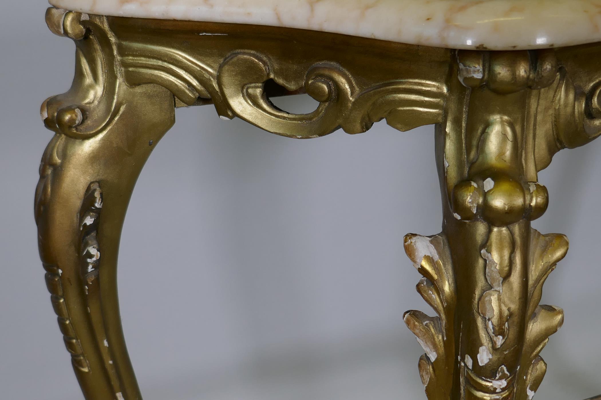 An Italian giltwood console table with marble top and carved and pierced frieze, raised on shaped - Image 3 of 4