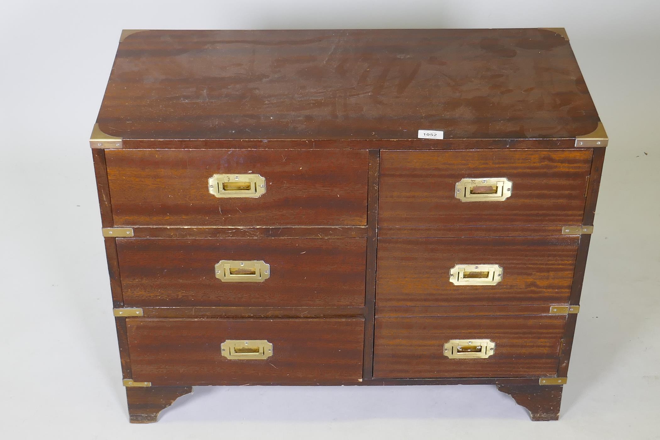 A campaign style mahogany cabinet with three drawers and cupboard with false drawer front, inset - Image 3 of 3
