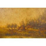 Rural landscape with dwellings and cattle by a stream, signed Arne (Gustave Arne?), unframed oil