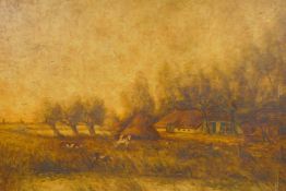 Rural landscape with dwellings and cattle by a stream, signed Arne (Gustave Arne?), unframed oil