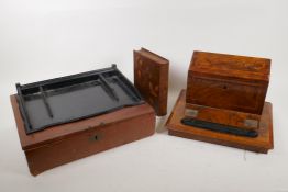 A Victorian inlaid walnut desk stand, together with an ebony desk stand, a leather covered