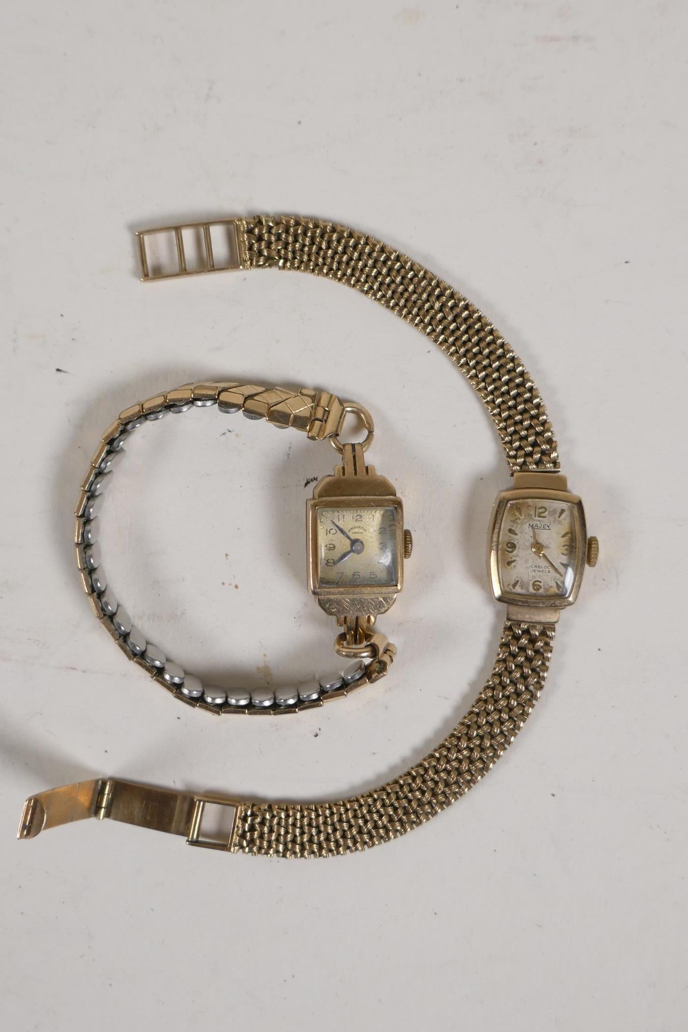 A lady's 9ct gold vintage watch with gold plated strap and another on 9ct gold strap, 17g with