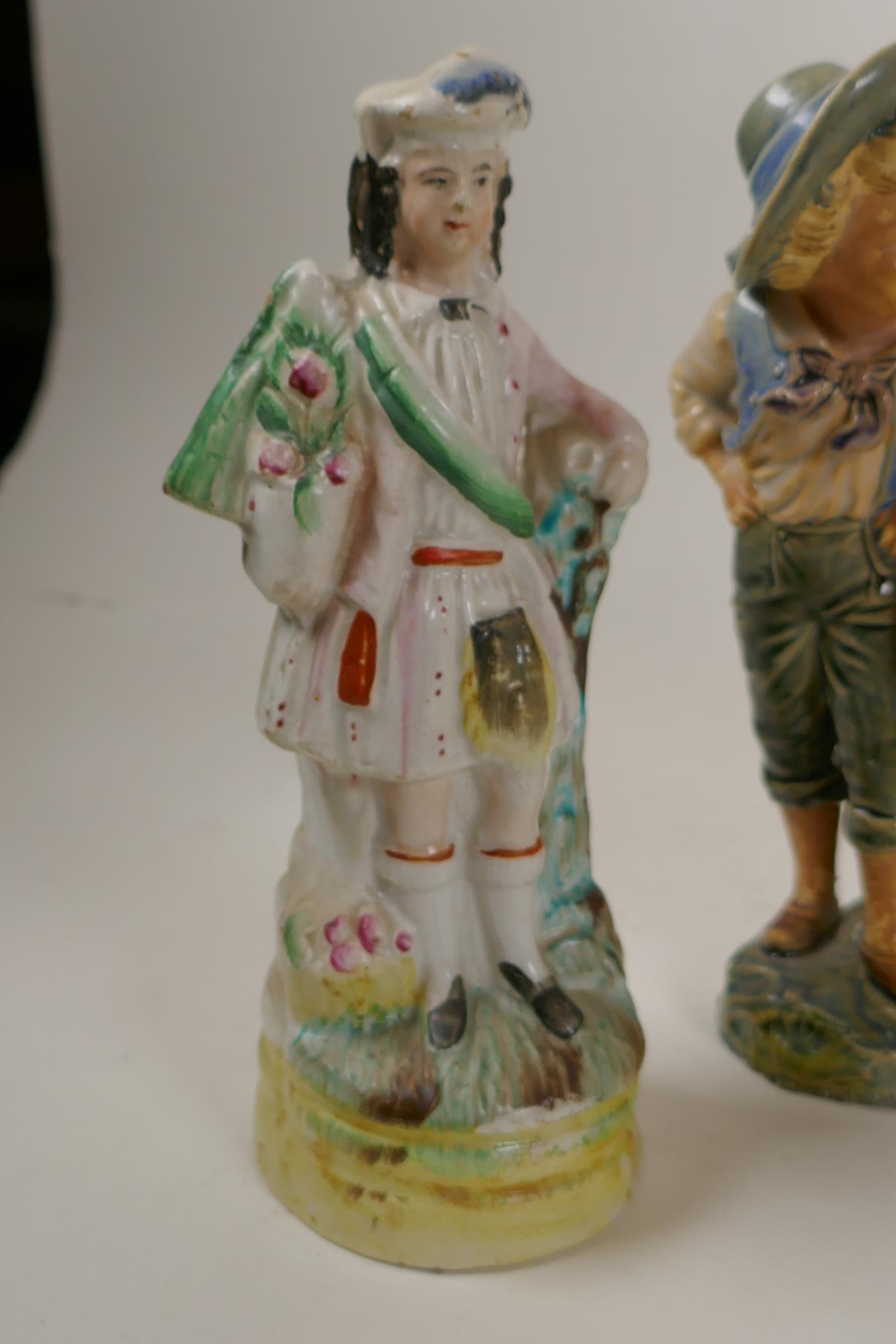 Two pairs of Continental porcelain figurines, largest 9½" high, and four other figurines - Image 4 of 5