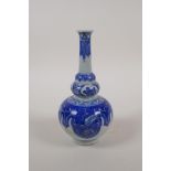 A blue and white porcelain slender necked vase, marked to base, 7" high