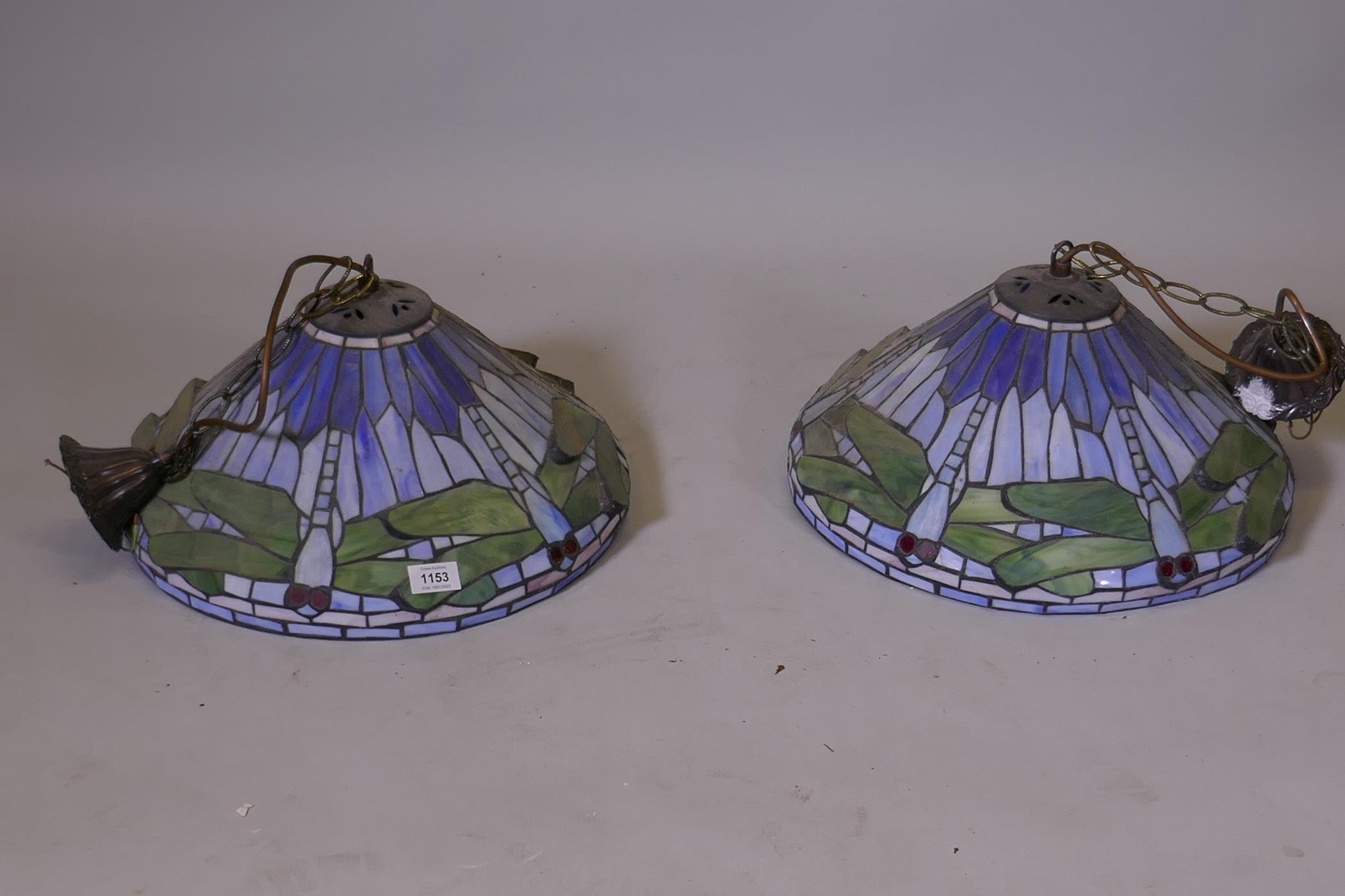 A pair of Tiffany style glass ceiling lamp shades with dragonfly decoration, 15" diameter x 9" high