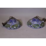 A pair of Tiffany style glass ceiling lamp shades with dragonfly decoration, 15" diameter x 9" high